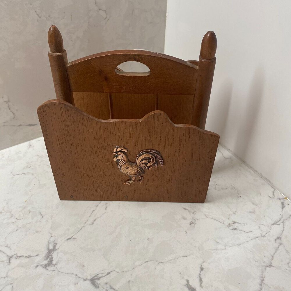 Vintage Nasco Brown Wooden Rooster Napkin Holder Farmhouse‎ Table Decorative
